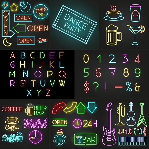 Neon signs, musical instruments, alphabet and numbersn (Cwer.ws)